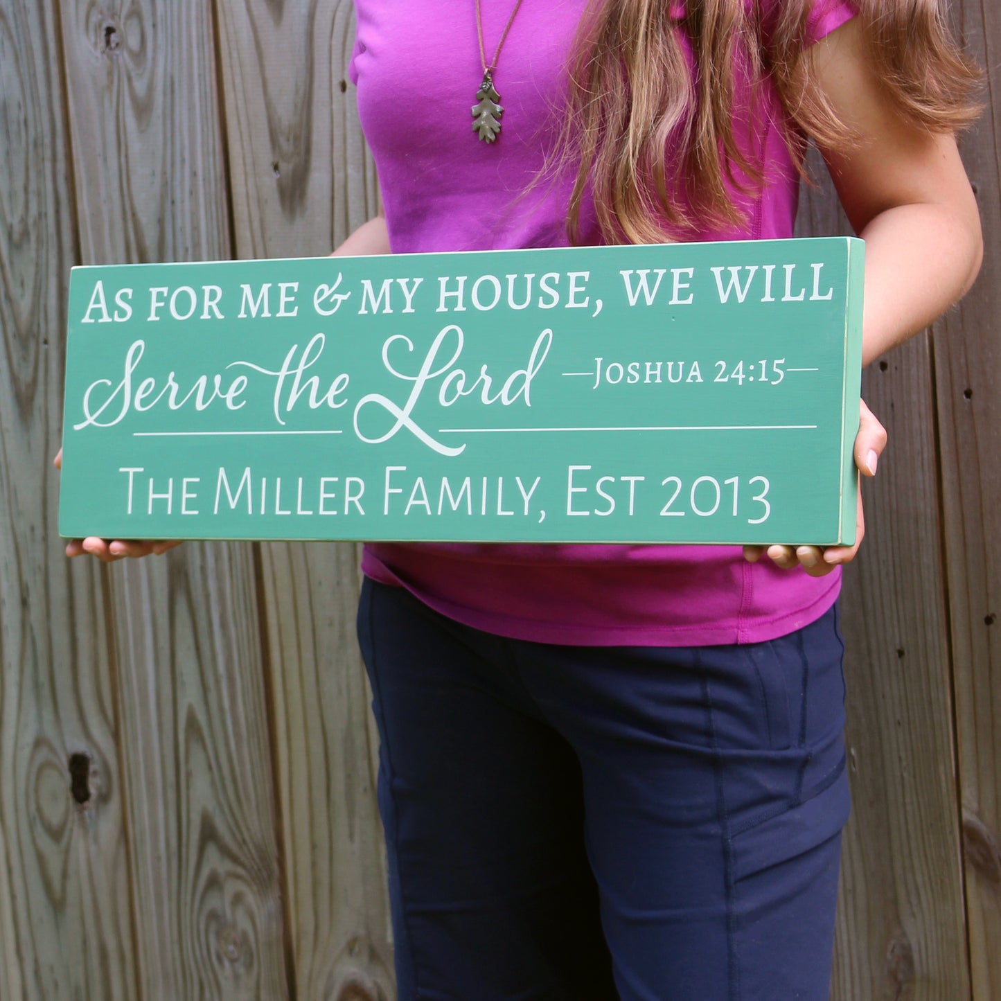 Handmade wooden sign reads, "As for me and my house, we will serve the Lord. Joshua 24:15" Personalized name and established date are included below.