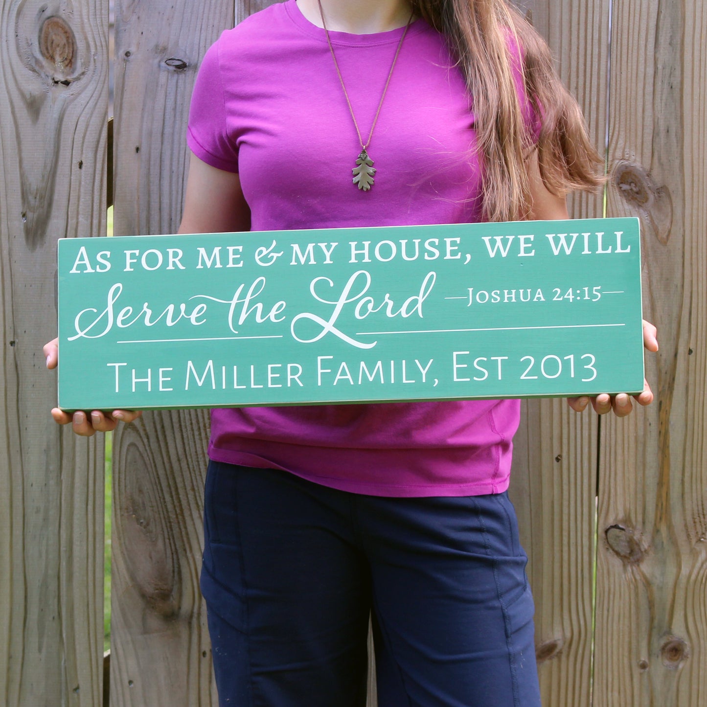 Handmade wooden sign reads, "As for me and my house, we will serve the Lord. Joshua 24:15" Personalized name and established date are included below.