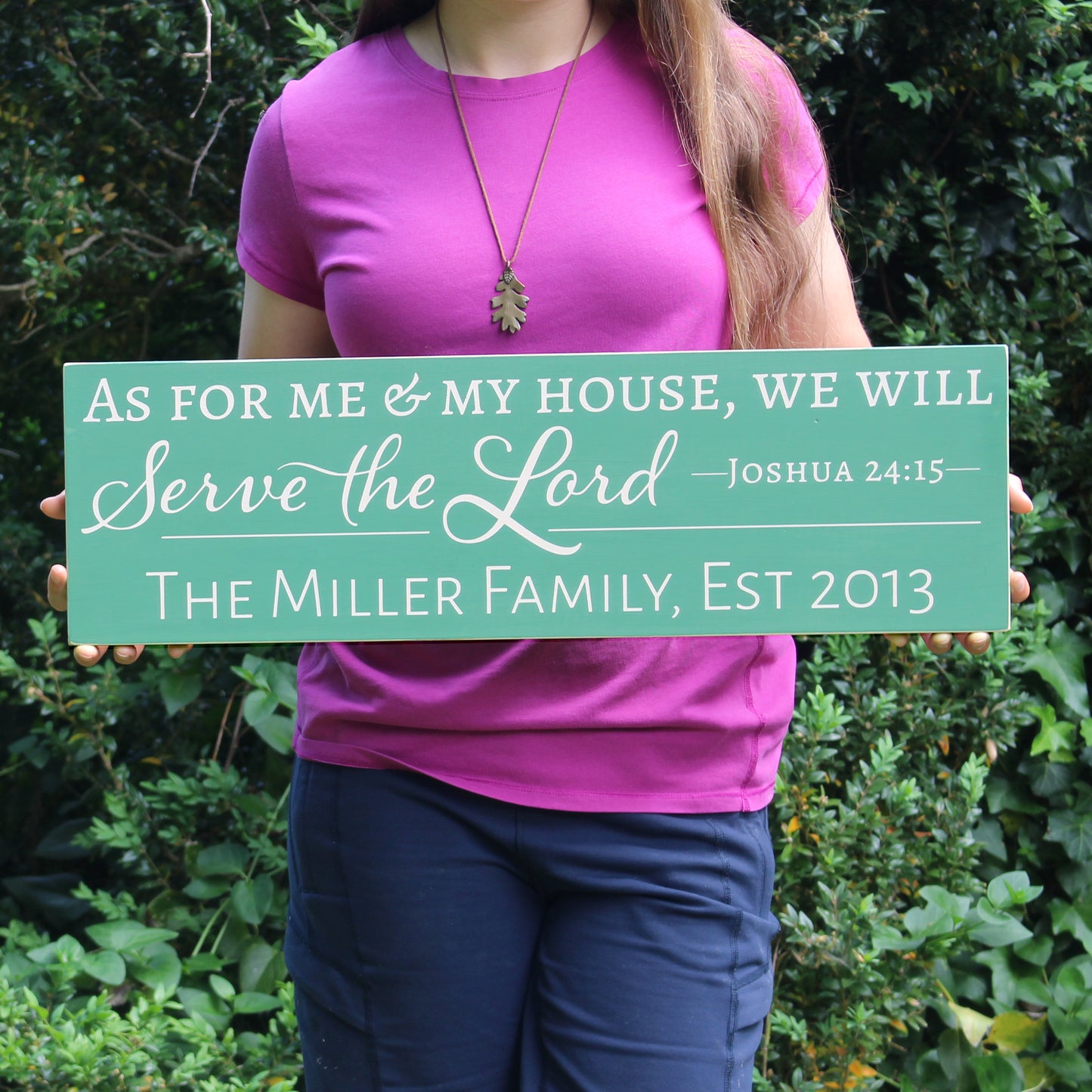 Handmade wooden sign reads, "As for me and my house, we will serve the Lord. Joshua 24:15" Personalized name and established date are included below.