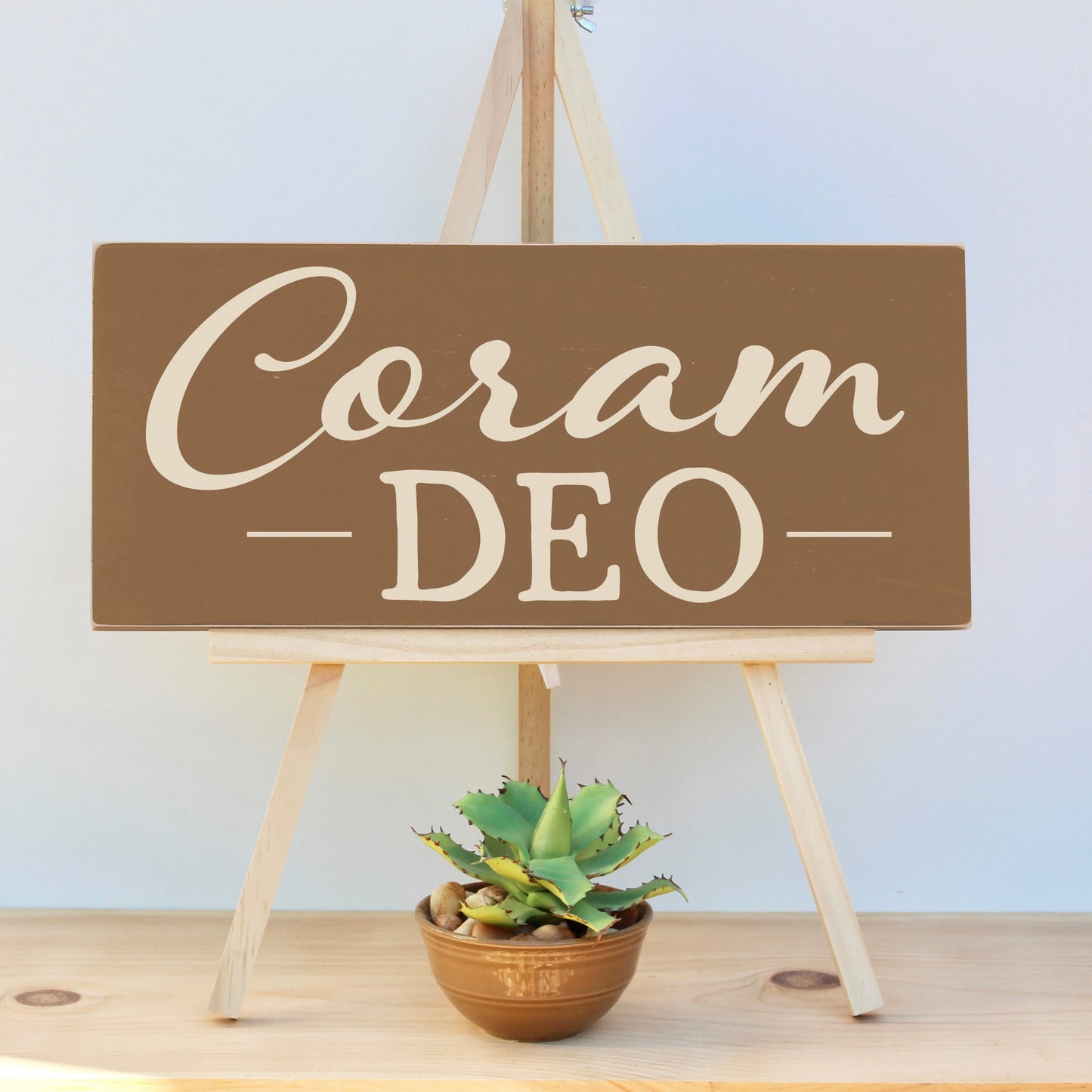 Coram Deo wooden sign. This reformation sign features the Latin phrase for 'Before the face of God.'