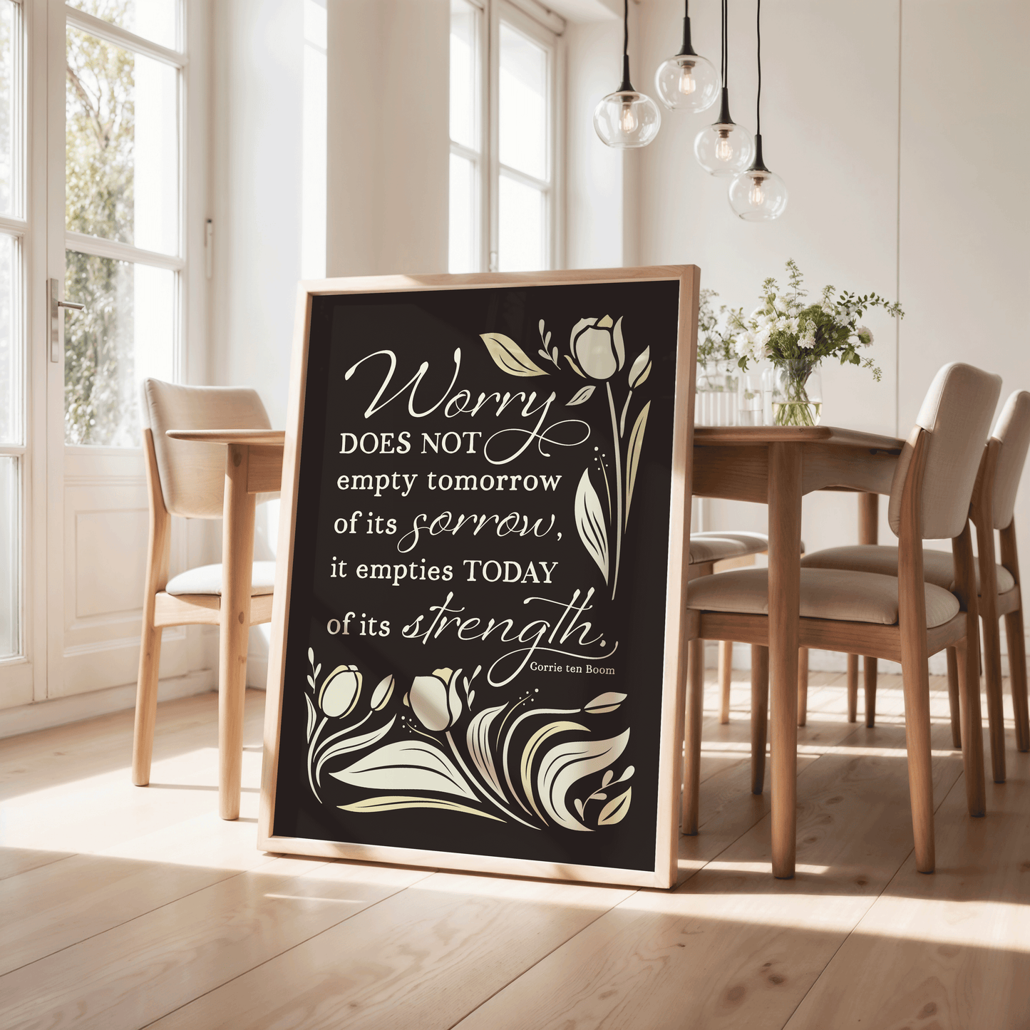 Worry does not empty tomorrow of its sorrow-Corrie ten Boom quote surrounded by tulips with a black background.