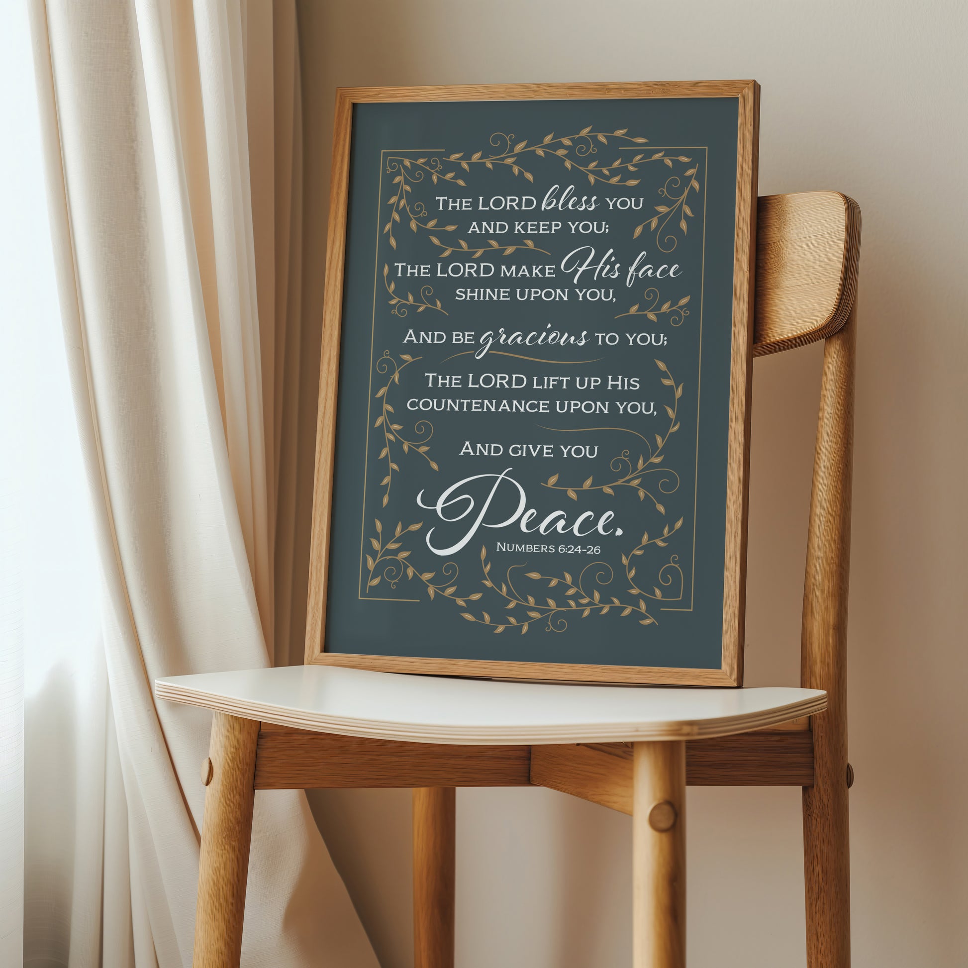 Aaronic Blessing print in slate blue with leaf border. Numbers 6:24-26 benediction, "The Lord bless you and keep you."