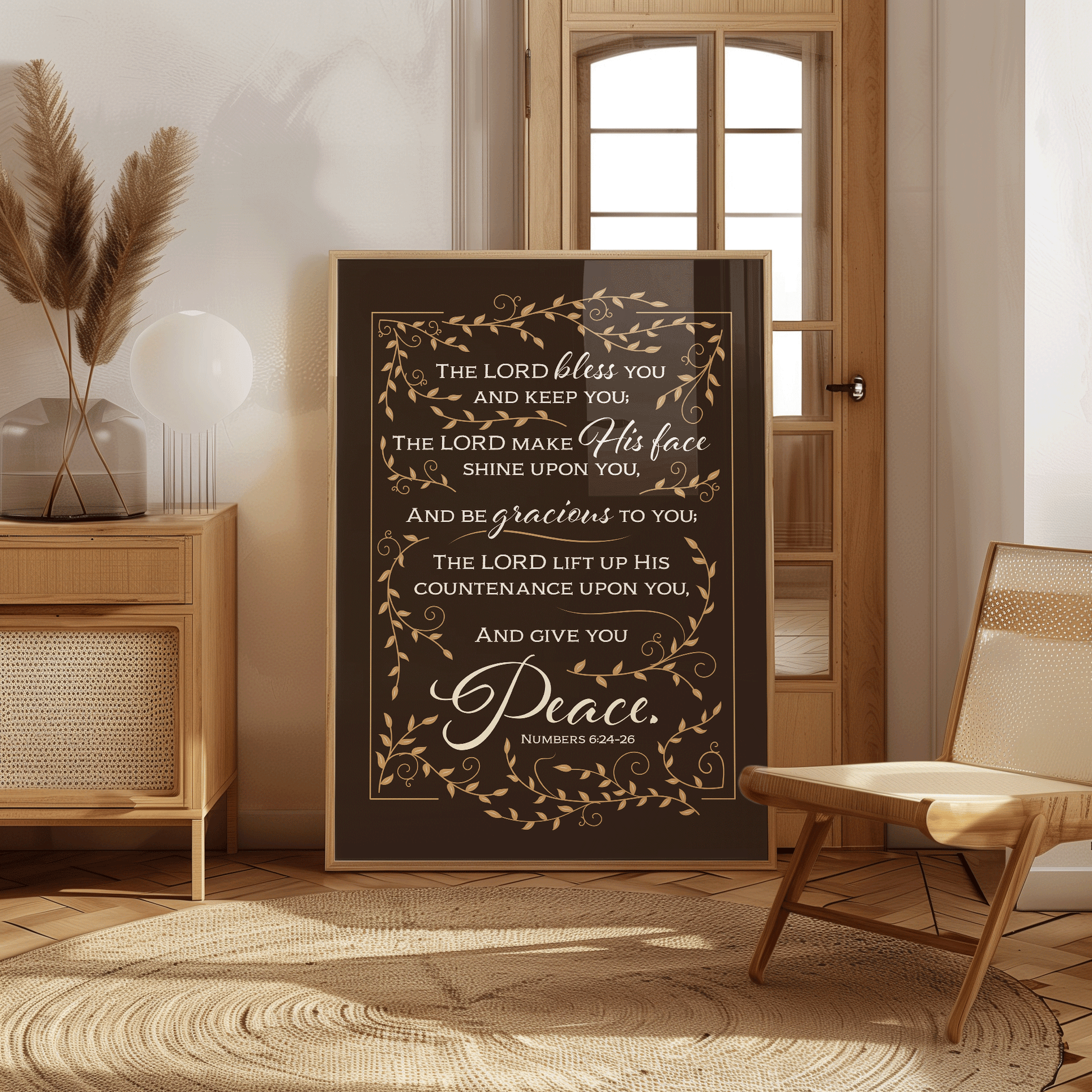 Aaronic Blessing print in black with leaf border. Numbers 6:24-26 benediction, "The Lord bless you and keep you."