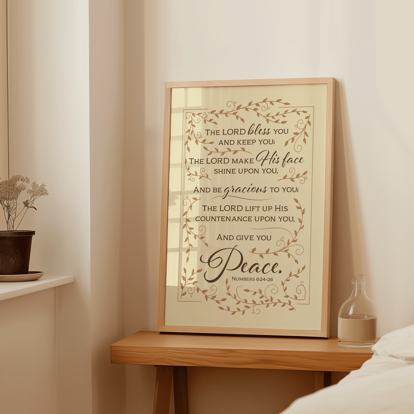 Aaronic Blessing print in cream with leaf border. Numbers 6:24-26 benediction, "The Lord bless you and keep you."