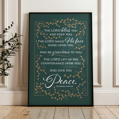 Aaronic Blessing print in evergreen with leaf border. Numbers 6:24-26 benediction, "The Lord bless you and keep you."
