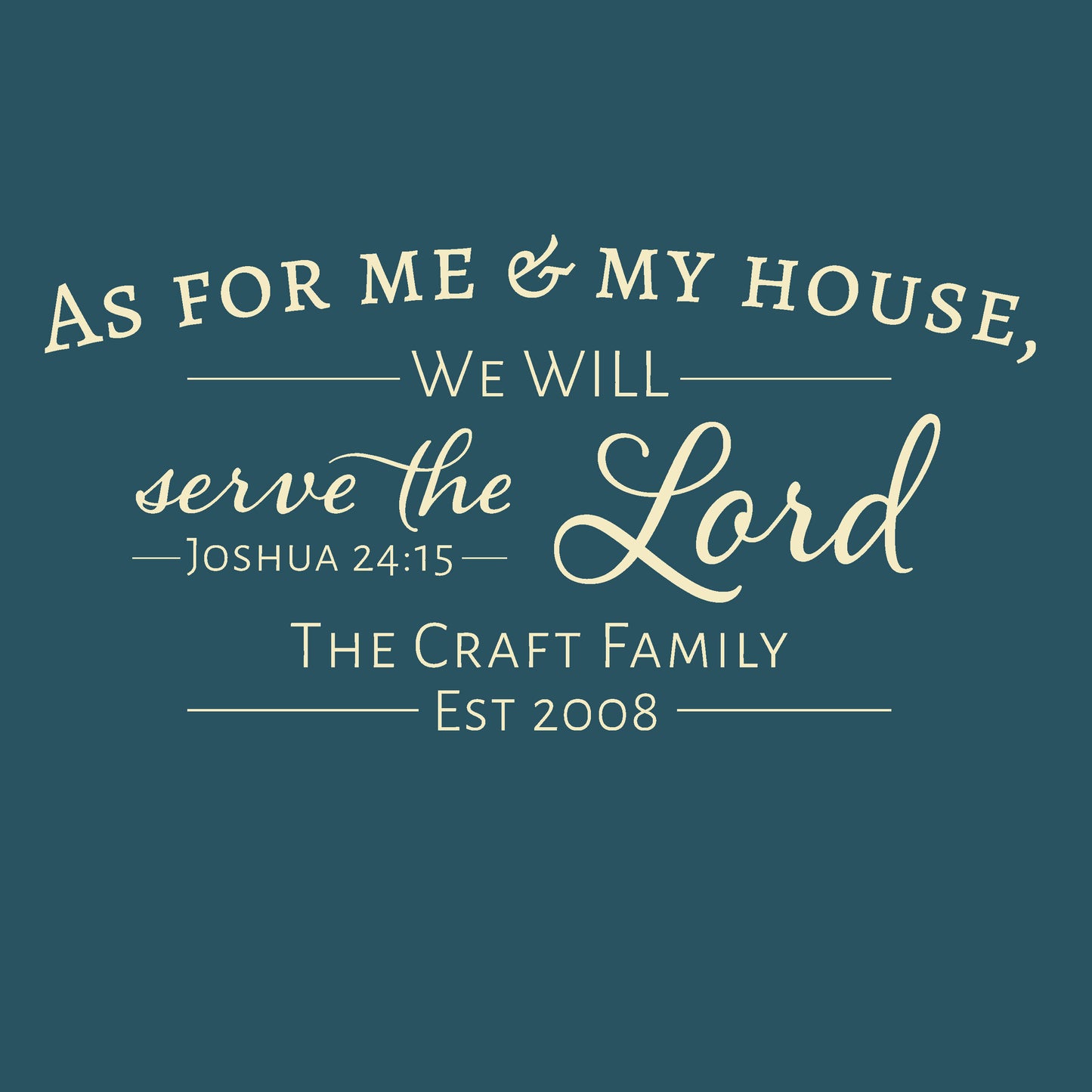 These wall words read,  "As for me and my house, we will serve the Lord.  Joshua 24:15.   Underneath the scripture wall quote is a personalized family name and an established date.