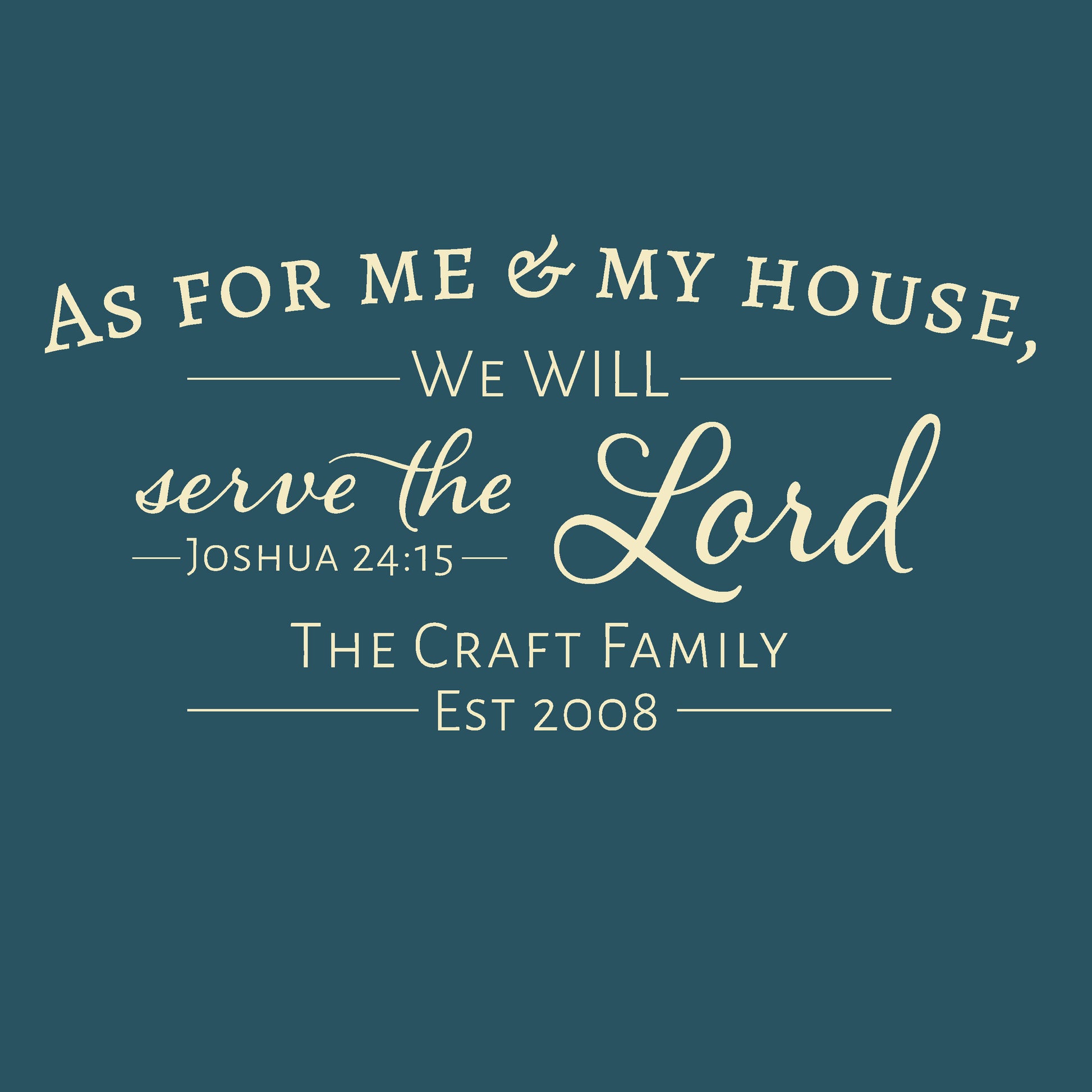 These wall words read,  "As for me and my house, we will serve the Lord.  Joshua 24:15.   Underneath the scripture wall quote is a personalized family name and an established date.