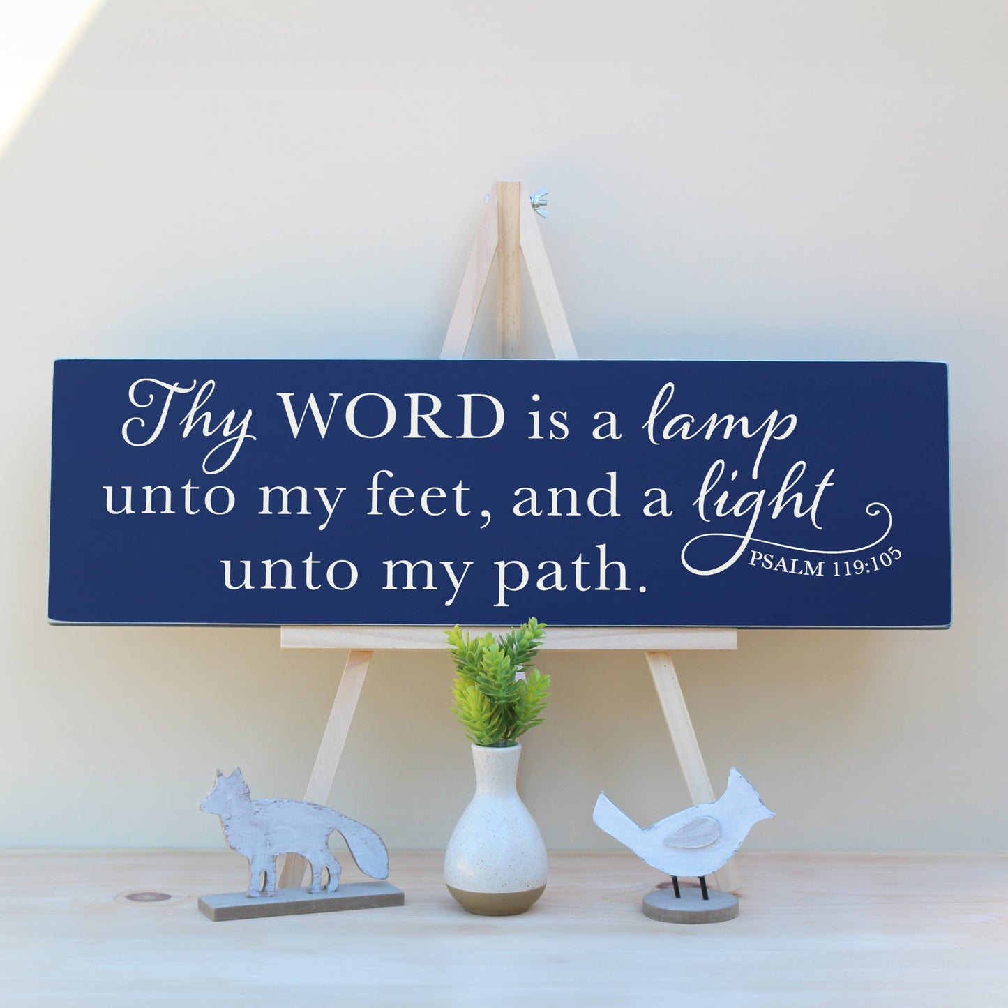 Thy word is a lamp unto my feet, and a light unto my path.  Psalm 119:105 Horizontal wooden scripture sign in navy blue chalk paint, perfect for above the door.