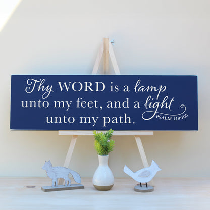 Thy word is a lamp unto my feet, and a light unto my path.  Psalm 119:105 Horizontal wooden scripture sign in navy blue chalk paint, perfect for above the door.