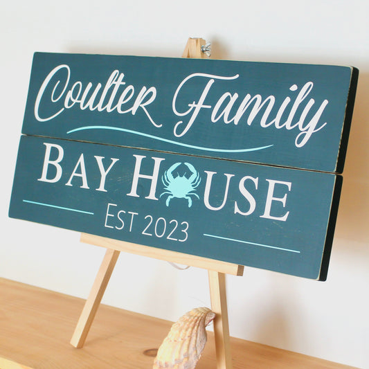 Rustic wooden family bayhouse sign.  Customized Bay House Sign for your vacation home.  Personalized Bay House Decor.