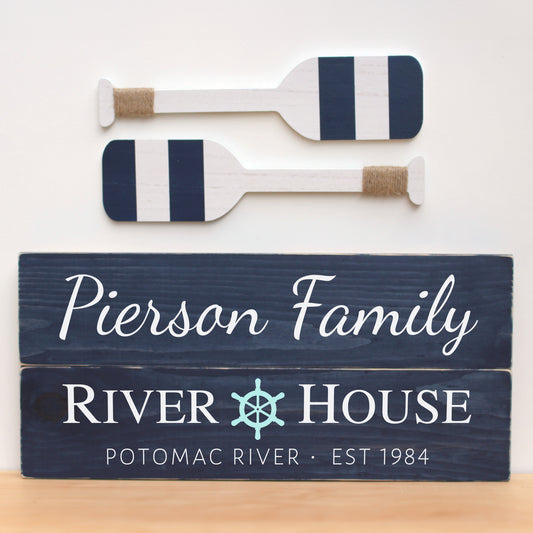 Personalized River House Sign in Navy Blue with Family Name, River Name and Established Date.  Welcome to the River House Sign.
