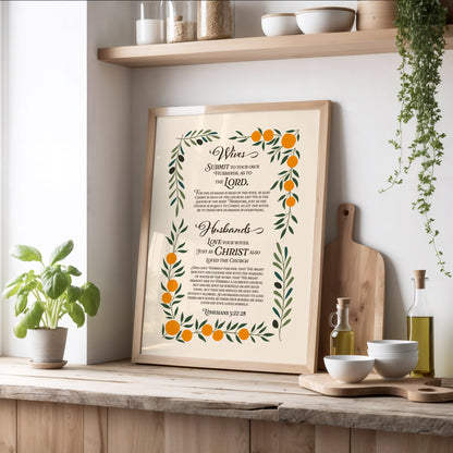 Ephesians 5:22-28, Wives submit to your husbands and husbands love your wives.  Marriage Bible verse print with a floral arrangement of oranges and olive branches.