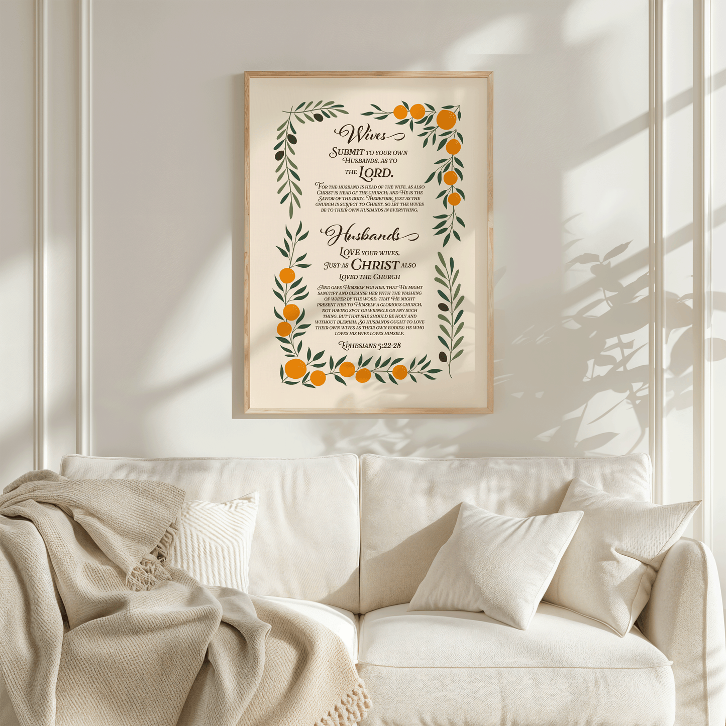 Ephesians 5:22-28, Wives submit to your husbands and husbands love your wives.  Marriage Bible verse print with a floral arrangement of oranges and olive branches.