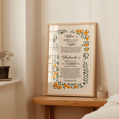 Ephesians 5:22-28, Wives submit to your husbands and husbands love your wives.  Marriage Bible verse print with a floral arrangement of oranges and olive branches.